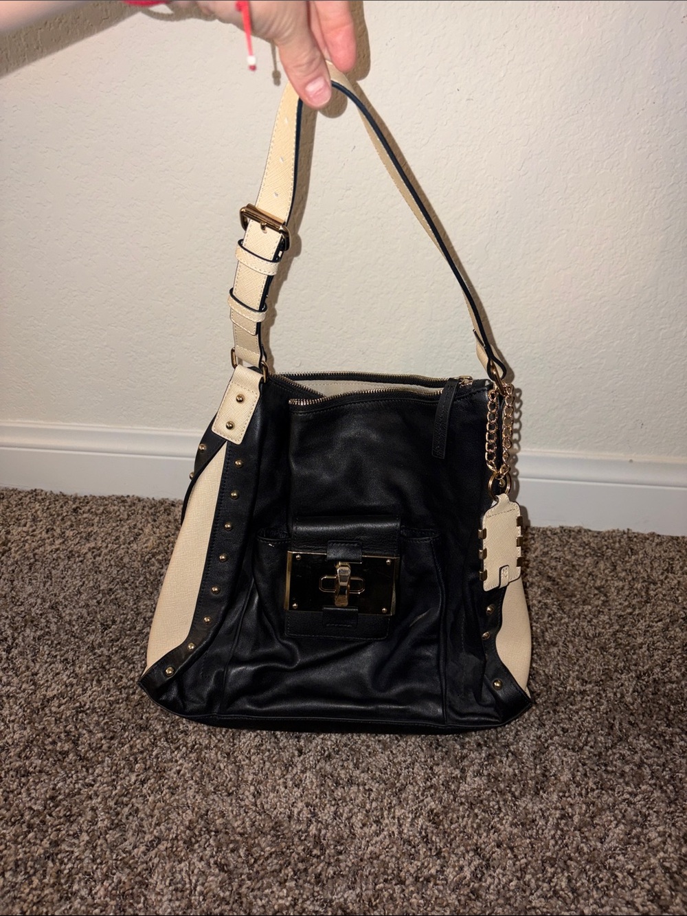 Black Leather Shoulder Bag with Gold Hardware